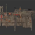 Rustic Handmade Wooden Village Structures With Weathered Roofs Planks And Hanging Items