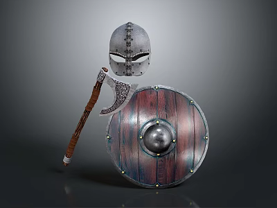 Medieval Weapons Set Including Helmet Axe And Shield With Intricate Details 3d model