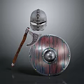 Medieval Weapons Set Including Helmet Axe And Shield With Intricate Details