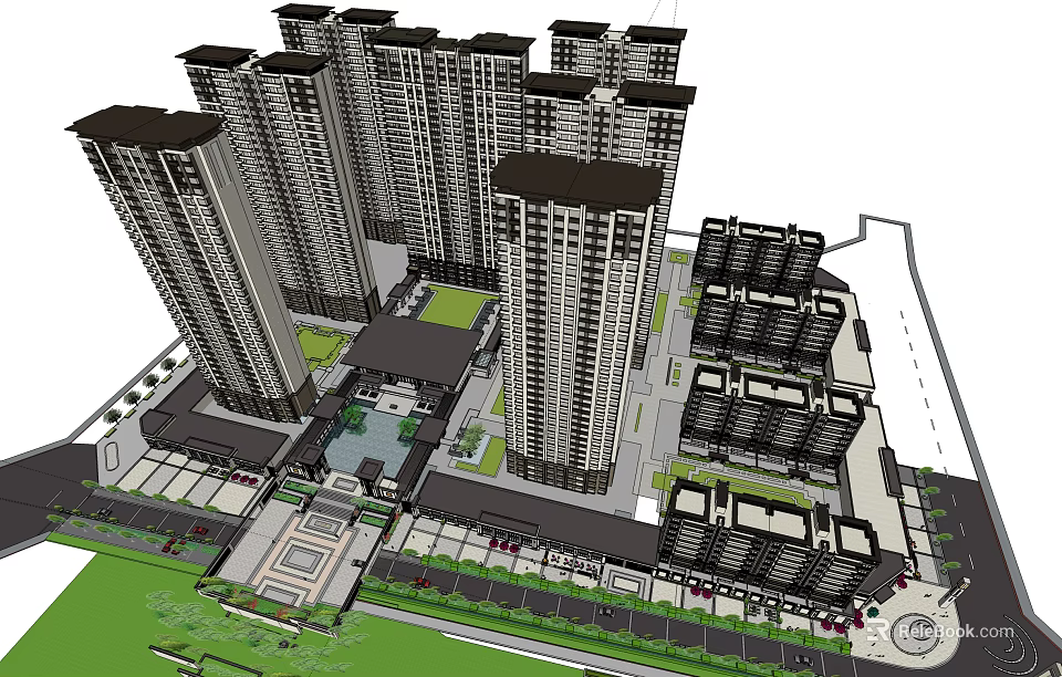 Modern Residential Complex With High Rise Buildings Low Rise Structures Green Spaces And Parking 3d model 