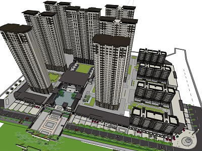Modern Residential Complex With High Rise Buildings Low Rise Structures Green Spaces And Parking 3d model