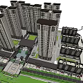 Modern Residential Complex With High Rise Buildings Low Rise Structures Green Spaces And Parking