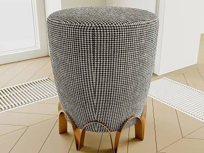 Round Stool With Houndstooth Fabric And Curved Wooden Legs In Geometric Floor Room 3d model