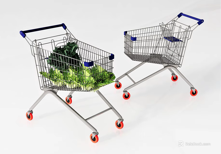 Public Facility Shopping Carts Filled With Fresh Vegetables And Red Wheels 3d model 