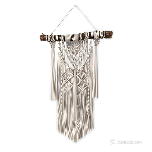 Cream Colored Macramé Wall Hanging With Wooden Stick And Tassels Design 3d model 