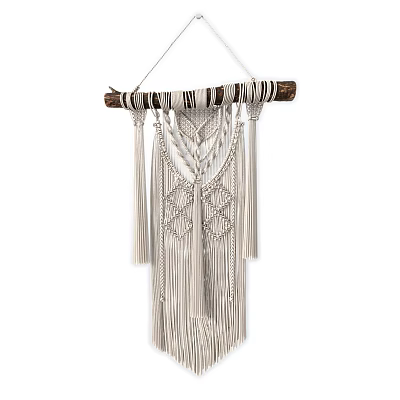 Cream Colored Macramé Wall Hanging With Wooden Stick And Tassels Design 3d model