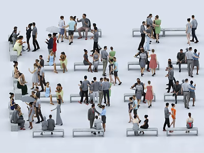 Groups of people standing and sitting with various poses in public gathering space 3d model