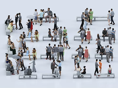Groups of people standing and sitting with various poses in public gathering space 3d model
