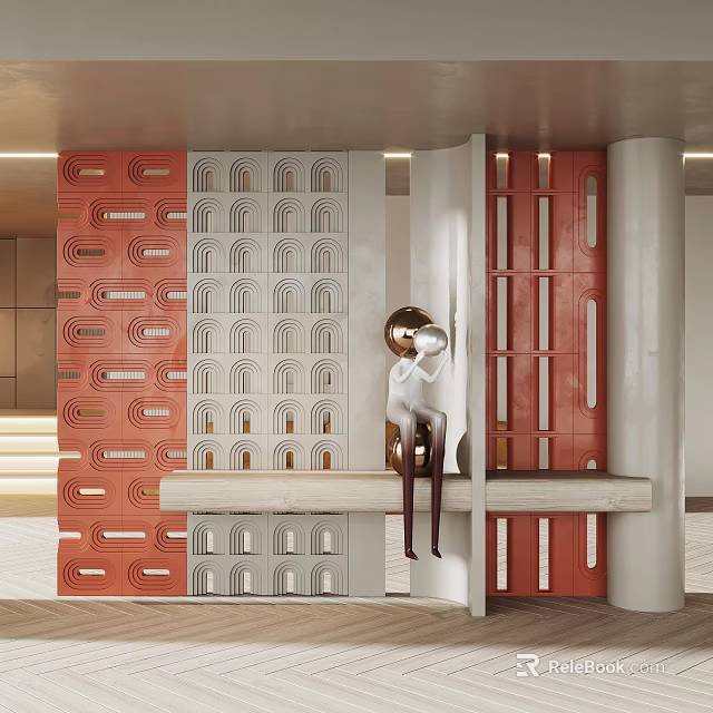 Modern Interior Decorative Partition With Red White Arched Geometric Patterns 3d model