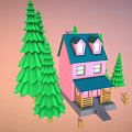 Pink House With Blue Roof And Wooden Porch Surrounded By Green Pine Trees