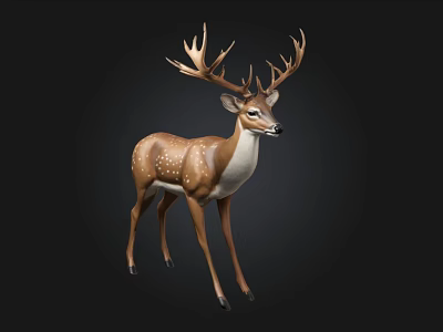 Realistic Standing Deer Sculpture With Large Antlers Brown White Spots 3d model