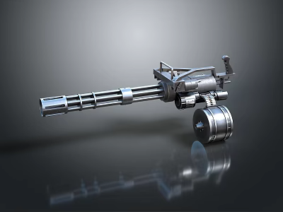 3D Rendered Gatling Gun With Silver Metal Construction Multiple Barrels And Wheeled Base 3d model