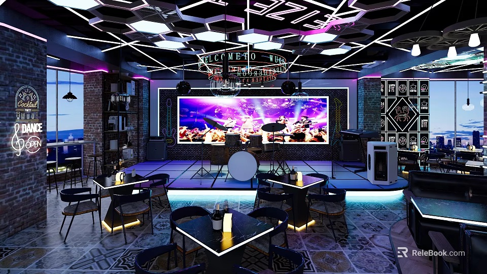 Modern Bar Interior With Live Music Performance Large Screen And Geometric Lighting 3d model 