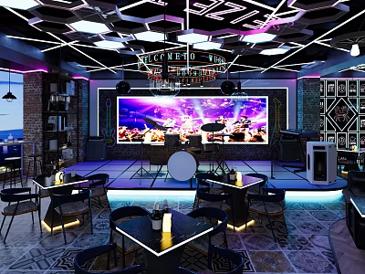 Modern Bar Interior With Live Music Performance Large Screen And Geometric Lighting 3d model