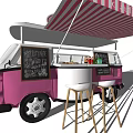 Pink Food Truck With Red And White Striped Awning Bar Counter And Wooden Stools