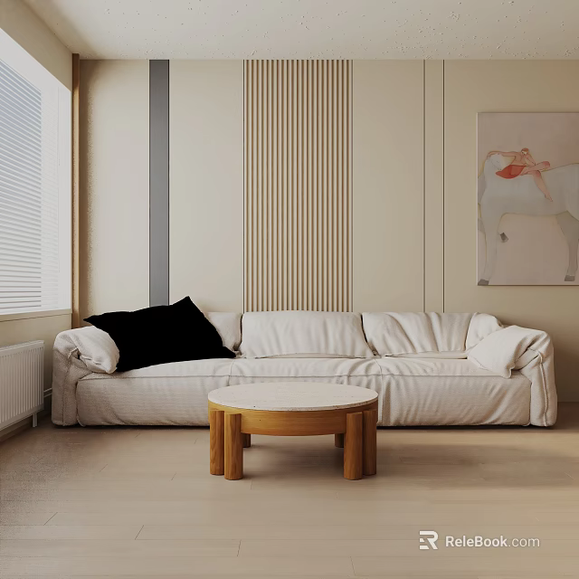 Modern Living Room Interior with Beige Three Seater Sofa Black Cushion and Wooden Coffee Table 3d model 