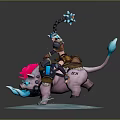 Game Fantasy Character In Helmet Riding Pink Pig With Blue Hammer And Icy Base