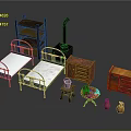 Vintage Bedroom Furniture Collection Featuring Twin Beds Bookshelf Cabinets Side Table And Vases