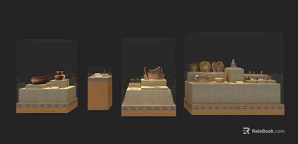 Museum Display Shelves with Decorative Base for Showcasing Ancient Artifacts and Pottery 3d model