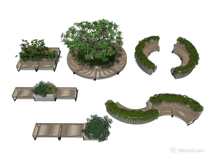 Curved And Linear Landscape Seats With Wooden Structure And Green Plants 3d model 
