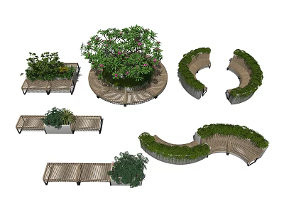 Curved And Linear Landscape Seats With Wooden Structure And Green Plants 3d model