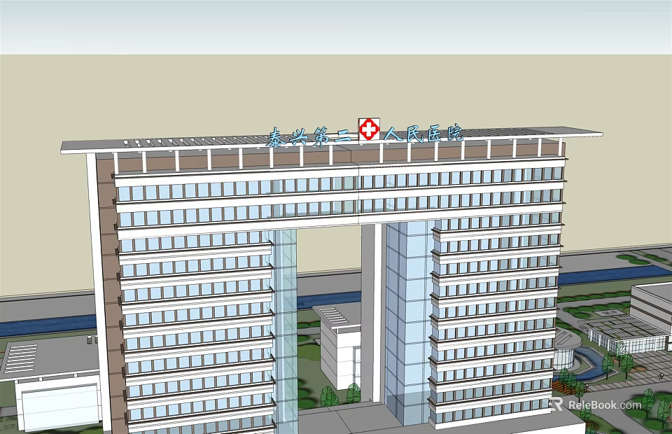 Modern Hospital Building Exterior Design With Red Cross Symbol And Glass Curtain Walls 3d model 