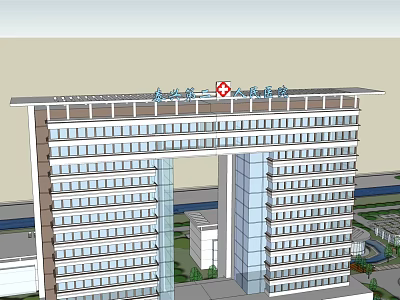 Modern Hospital Building Exterior Design With Red Cross Symbol And Glass Curtain Walls 3d model