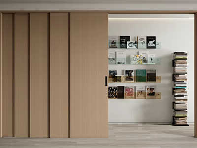 Wooden Sliding Door In Modern Interior With Wall Displaying Books 3d model