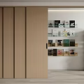 Wooden Sliding Door In Modern Interior With Wall Displaying Books
