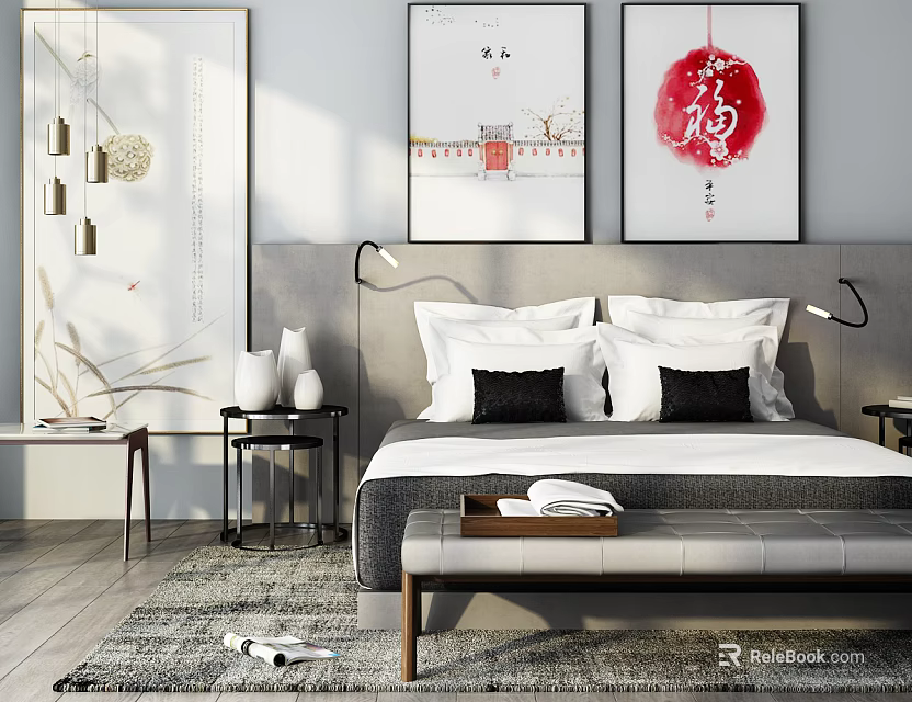 Modern Double Bed Interior with Gray Headboard White Black Pillows Nightstands and Decorative Paintings 3d model 