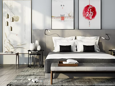 Modern Double Bed Interior with Gray Headboard White Black Pillows Nightstands and Decorative Paintings 3d model