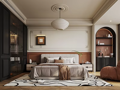 Elegant Modern Bedroom Interior With White Pendant Light Framed Art Geometric Rug And Accent Chair 3d model