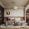 Elegant Modern Bedroom Interior With White Pendant Light Framed Art Geometric Rug And Accent Chair