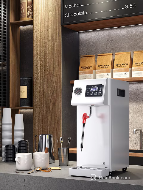 Modern Stainless Steel Kitchen Appliance With Digital Display Red Faucet And Coffee Bean Packages 3d model 