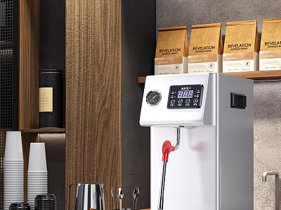 Modern Stainless Steel Kitchen Appliance With Digital Display Red Faucet And Coffee Bean Packages 3d model