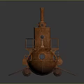 Vintage Copper Rusted Water Vehicle With Propeller Observation Tower Round Windows And Deck Railings