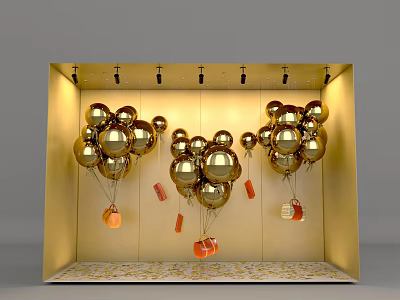 Chic Shop Window Display With Gold Balloons Red Decorative Items And Ceiling Spotlights 3d model