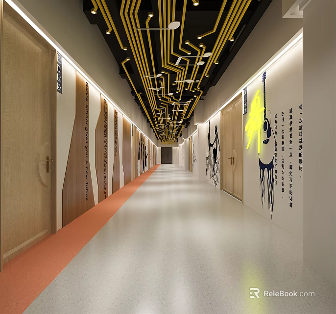 Modern Elevator Hallway Design With Yellow Ceiling Pipes Art Decor And Orange Carpet 3d model 