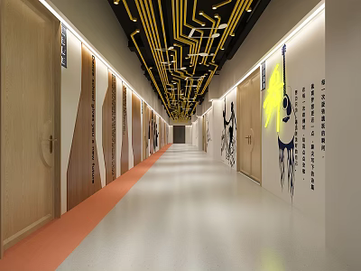 Modern Elevator Hallway Design With Yellow Ceiling Pipes Art Decor And Orange Carpet 3d model
