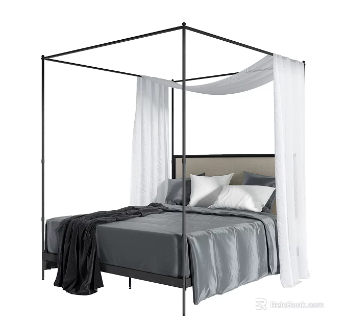 Modern Black Canopy Double Bed With White Sheer Curtains Gray Bedding And Pillows 3d model 