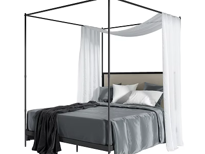 Modern Black Canopy Double Bed With White Sheer Curtains Gray Bedding And Pillows 3d model