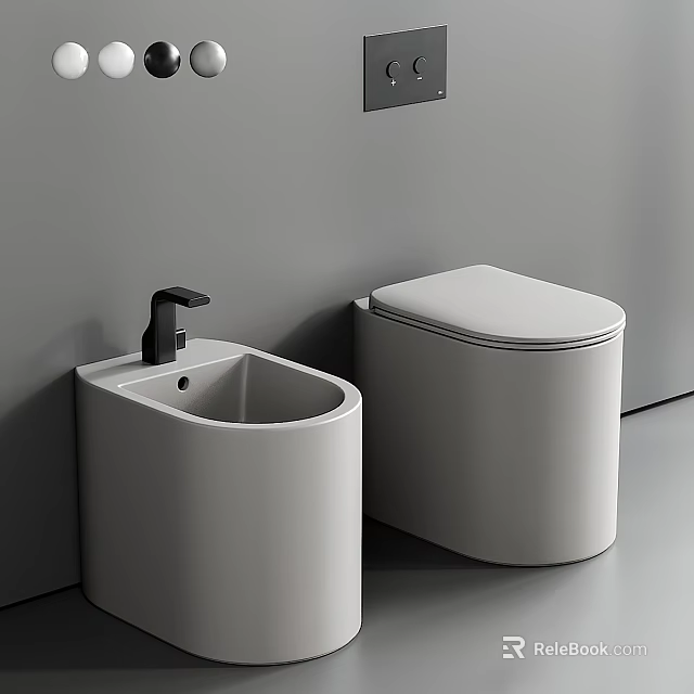 White Modern Toilet In Minimalist Bathroom Interior With White Washbasin And Black Faucet 3d model 