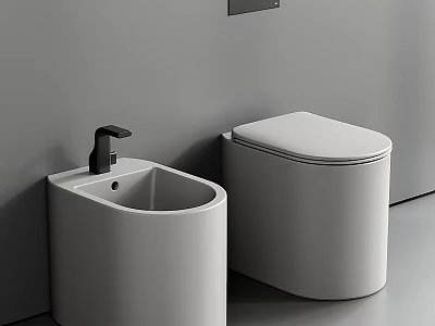 White Modern Toilet In Minimalist Bathroom Interior With White Washbasin And Black Faucet 3d model