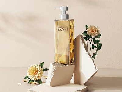 Elegant Luxury Perfume Bottle Featuring Golden Liquid On White Rock With Yellow Flowers Green Leaves 3d model