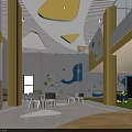 Kindergarten Interior Featuring Colorful Decorations Elephant Design White Tables Chairs Yellow Columns and Green Turf