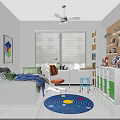 Bright Kids Room Interior With Bed Desk Bookshelf Storage And Planet Rug