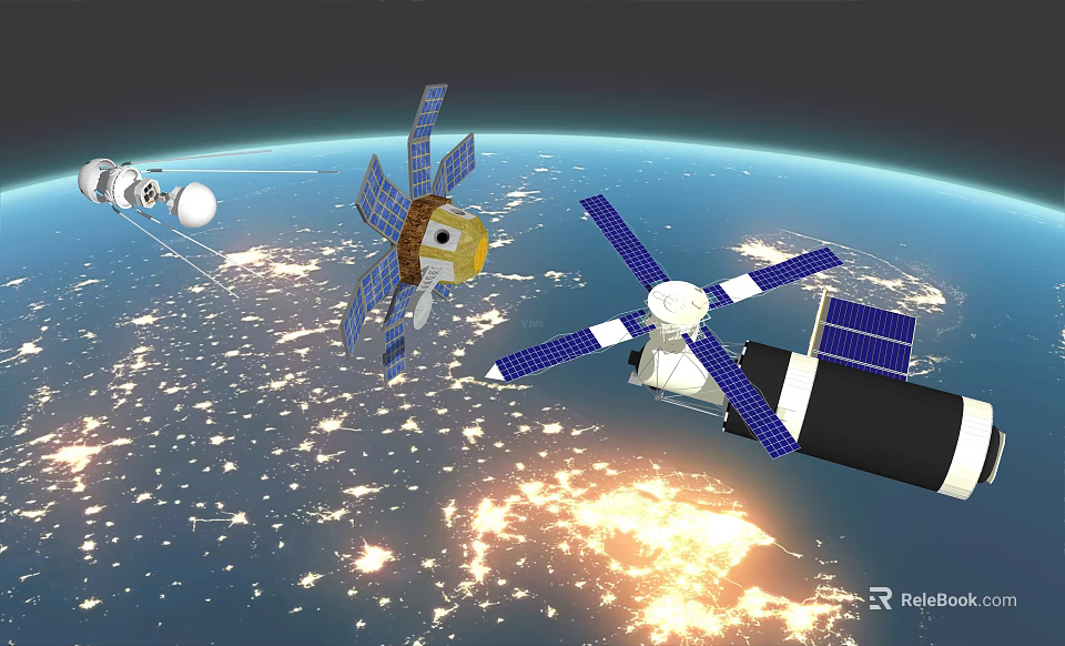 Satellites And Spacecraft With Blue Solar Panels Orbiting Earth 3d model 