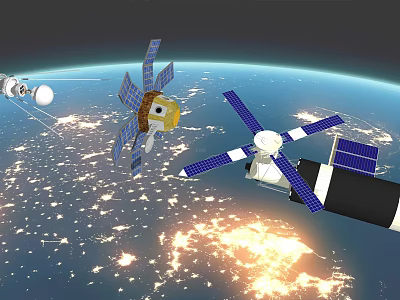 Satellites And Spacecraft With Blue Solar Panels Orbiting Earth 3d model