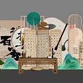 Modern Chinese Style DP Interactive Photo Coffee Table Screen Bamboo Lotus Leaf Brush Plot 3d model