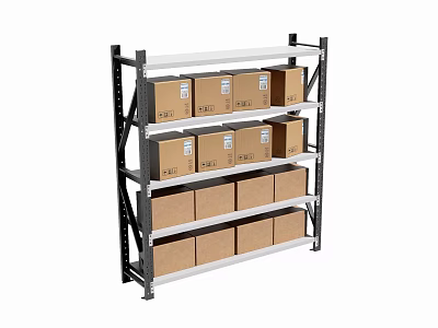 Multi tiered metal storage shelf with cardboard boxes on each level 3d model